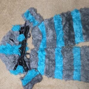 Fuzzy Blue and Gray Hooded Scarf Cheshire Cat